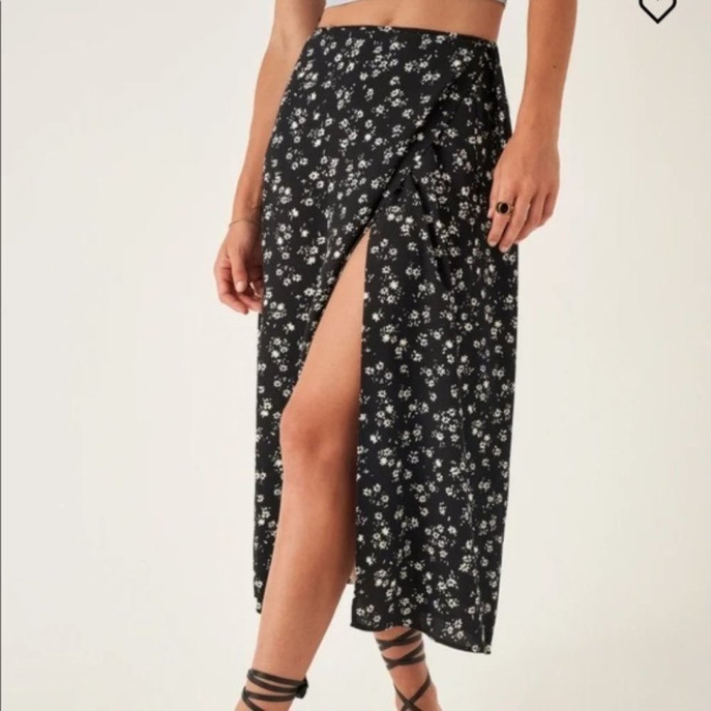 Reformation Black Floral Wrap Midi Skirt